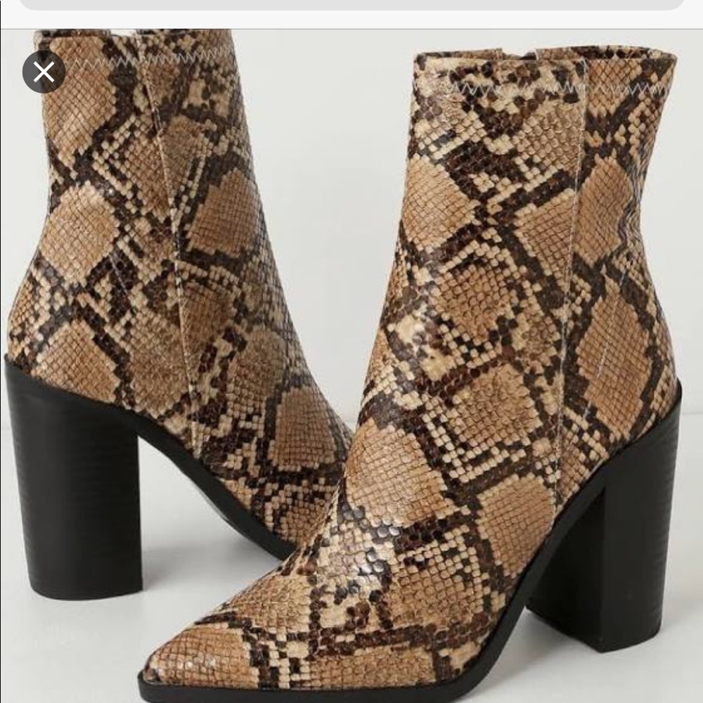 Public desire snake print faux leather heeled boots brown and tan 6